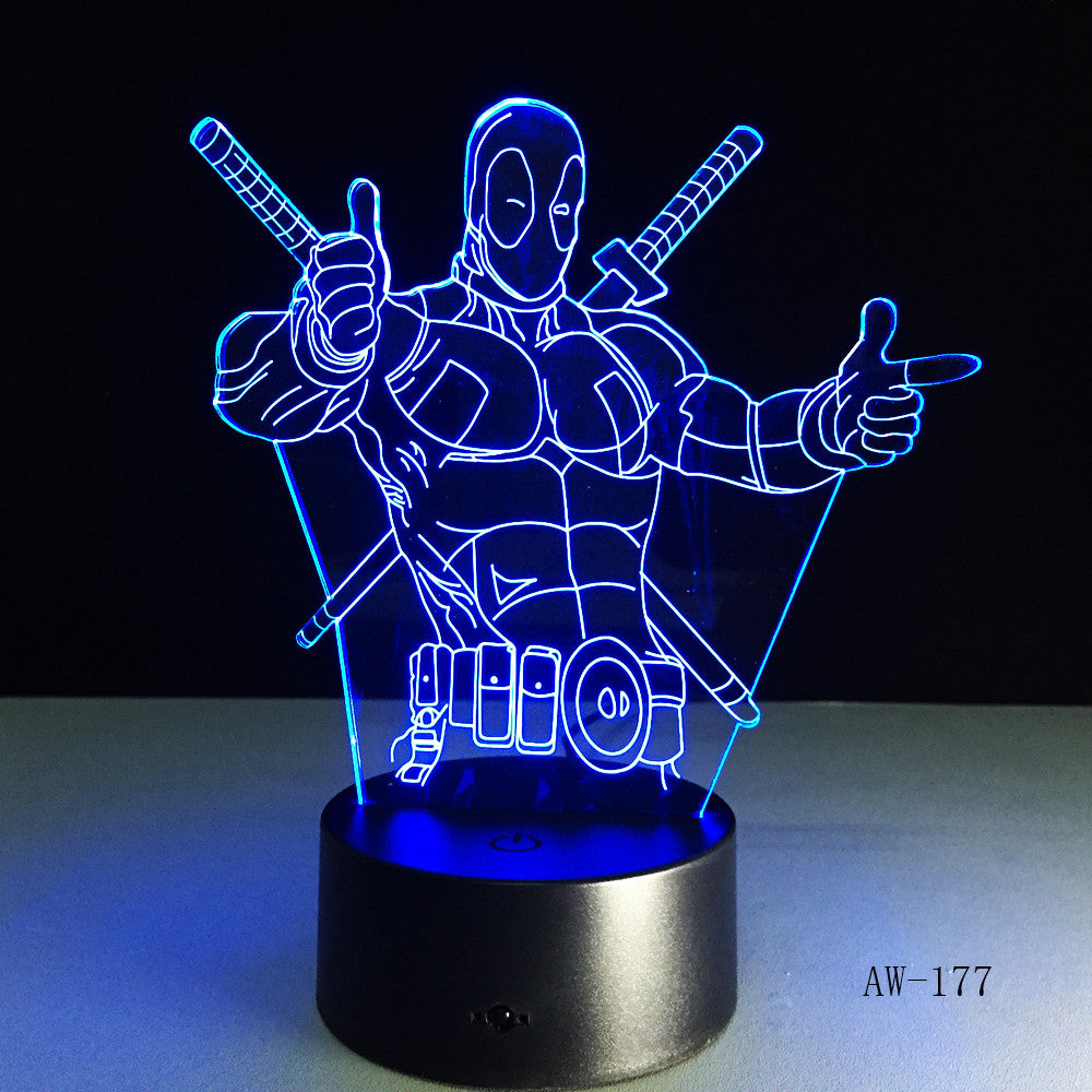 Cartoon Figure Marvel Anti hero Deadpool LED 3D Illusion Mood Night Light Lamp luminaria Room Decor Novelty lighting AW-177