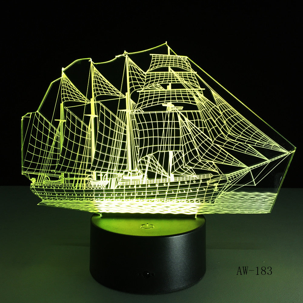 3D Retro Ancient Sailing Sea Boat Ship LED Lamp Chinese Style Multicolor Illusion RGB Night Light USB Table Desk Decor AW -183