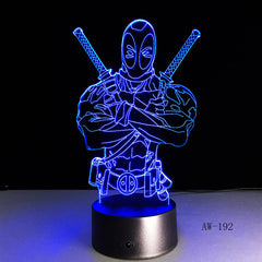 Fashion LED Toys 3D Illusion Lamp Marvel Anti-hero Deadpool Figure Night Light Color Mood Novelty Lamp Holiday Gifts AW-192