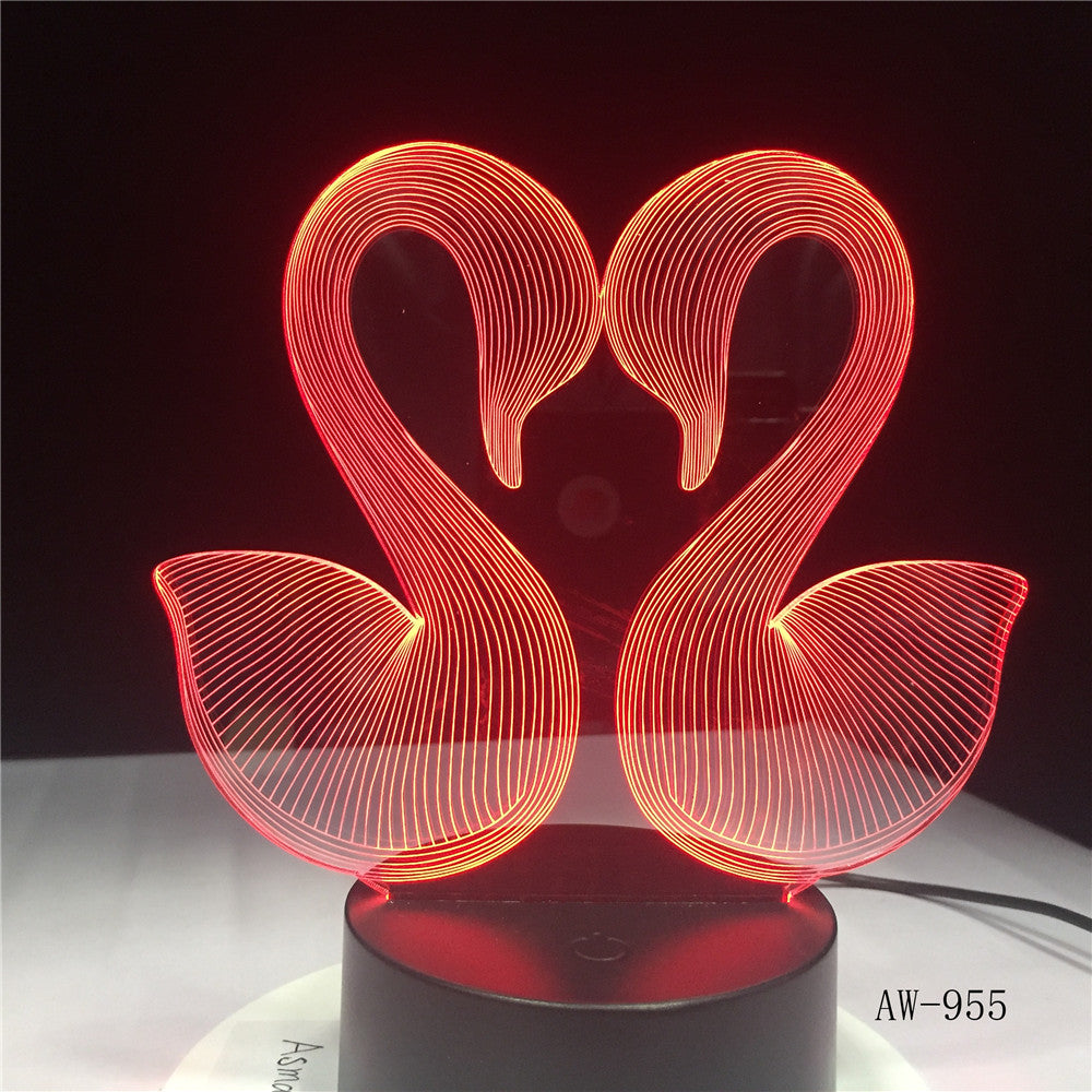 3D Sweet Double Kiss Swam Decoration Bedroom Atmosphere LED 7 Color Change Night Table Lamp Romantic Valentine's Day Gift AW-955