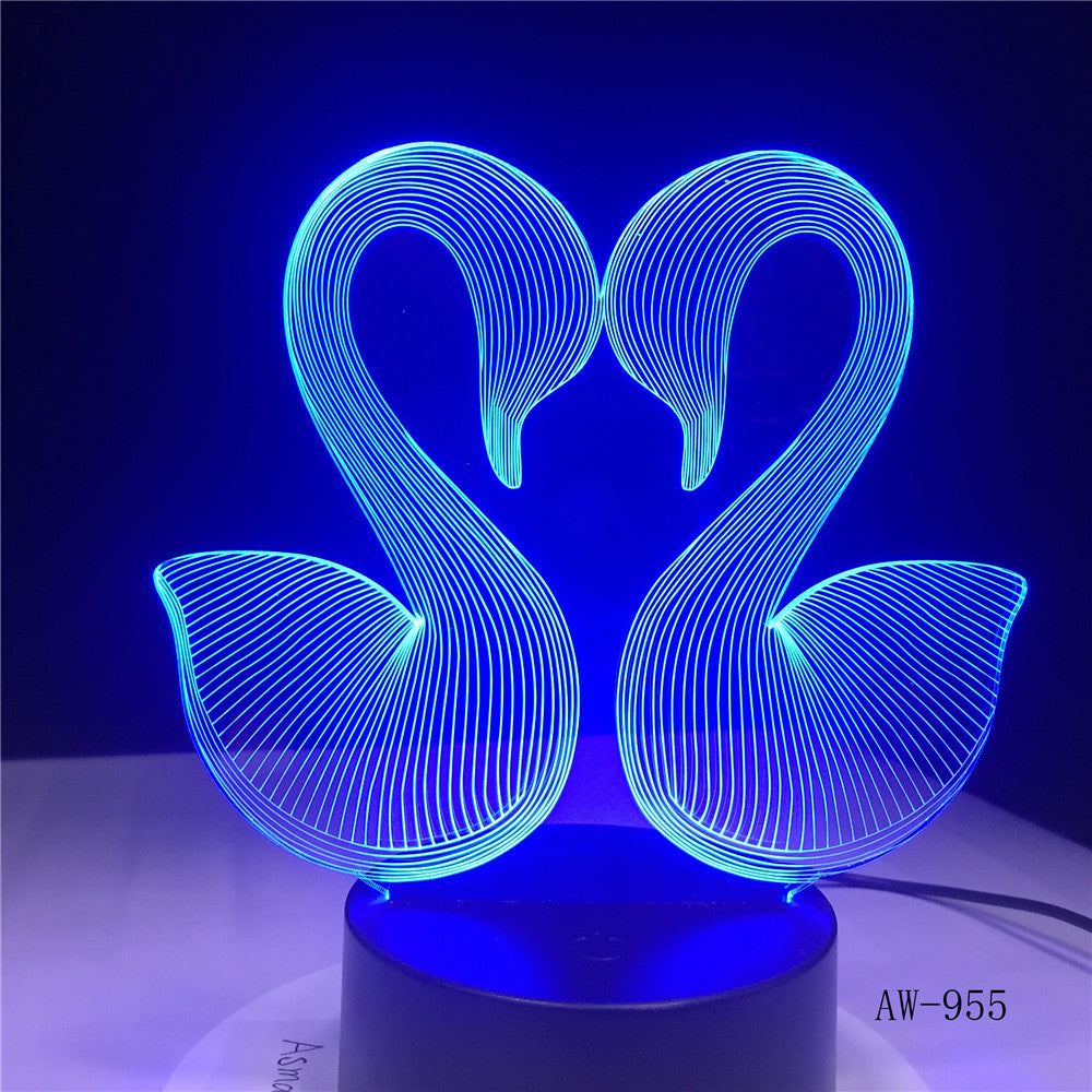 3D Sweet Double Kiss Swam Decoration Bedroom Atmosphere LED 7 Color Change Night Table Lamp Romantic Valentine's Day Gift AW-955