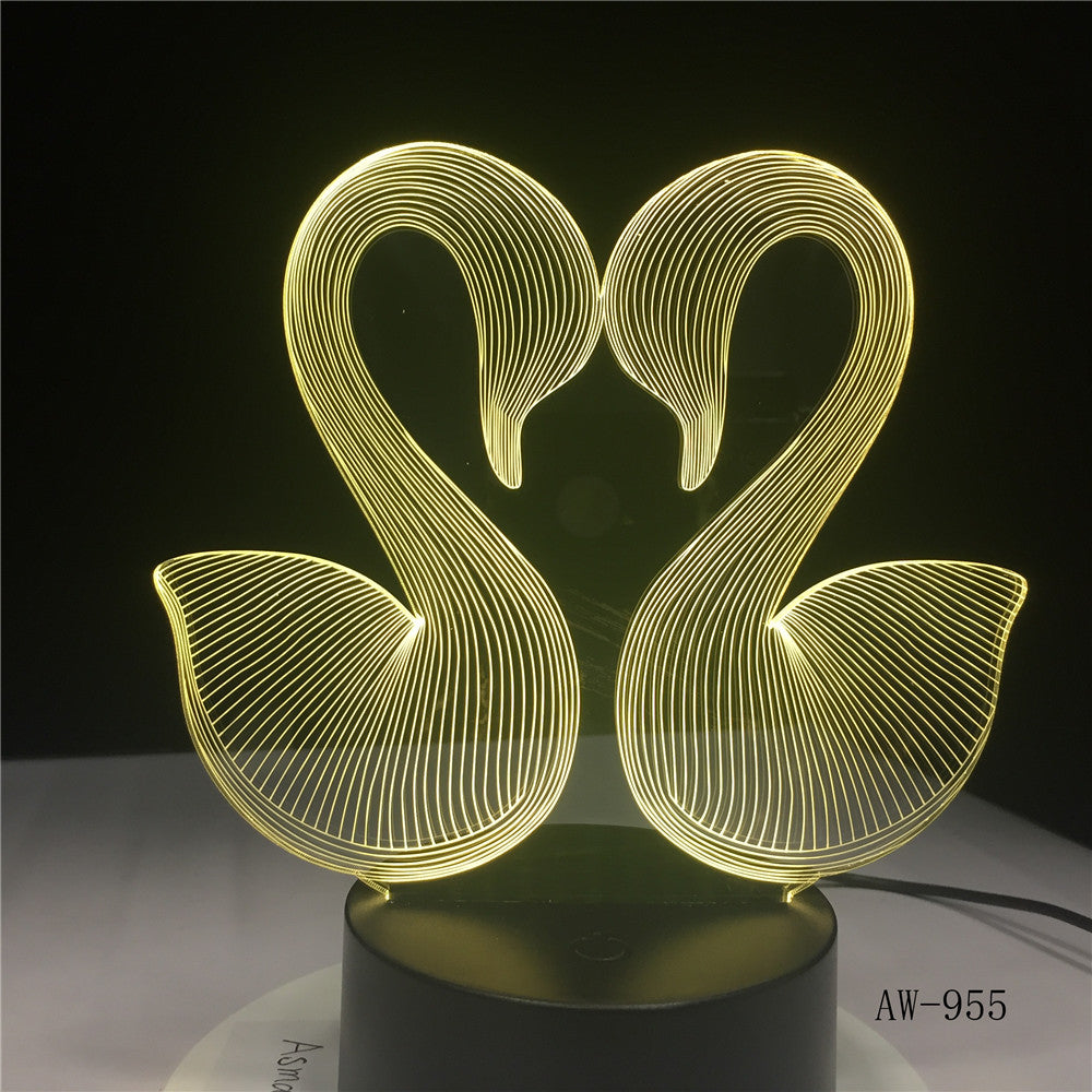 3D Sweet Double Kiss Swam Decoration Bedroom Atmosphere LED 7 Color Change Night Table Lamp Romantic Valentine's Day Gift AW-955