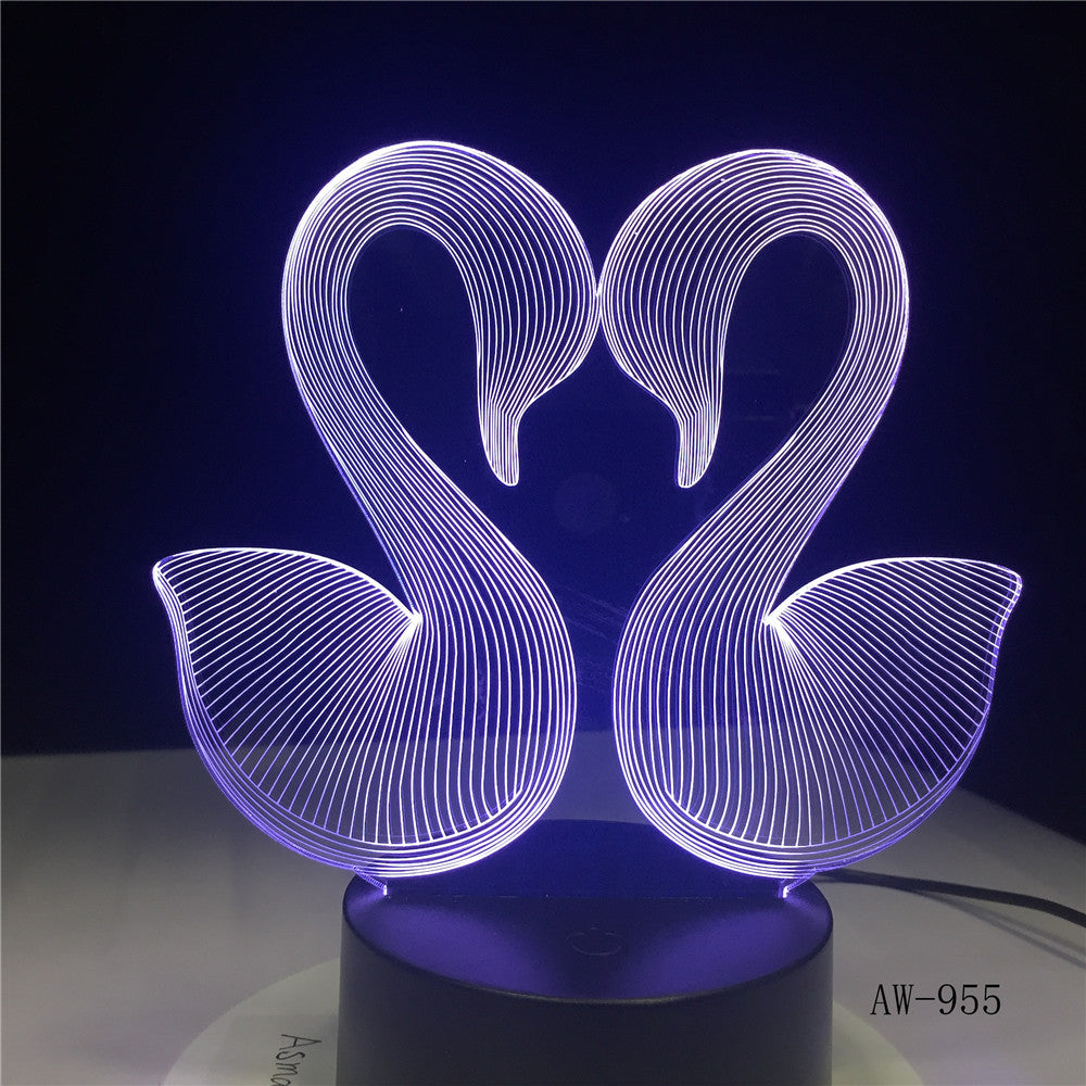 3D Sweet Double Kiss Swam Decoration Bedroom Atmosphere LED 7 Color Change Night Table Lamp Romantic Valentine's Day Gift AW-955