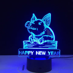 Happy New Year Colorful 3D Night Light Pig Night Light Eye Care LED Light Bedside Night Lamp Birthday Gift