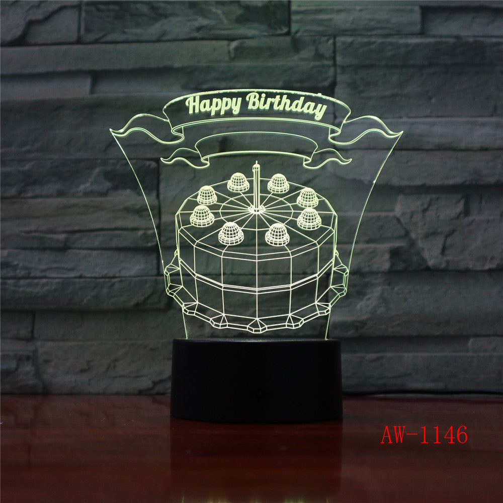 Happy Birthday Cake LED 3D Visual Lamp 7 Colors Changing Indoor Bedroom Night Light Acrylic Desk Lamp Love Present AW-1146