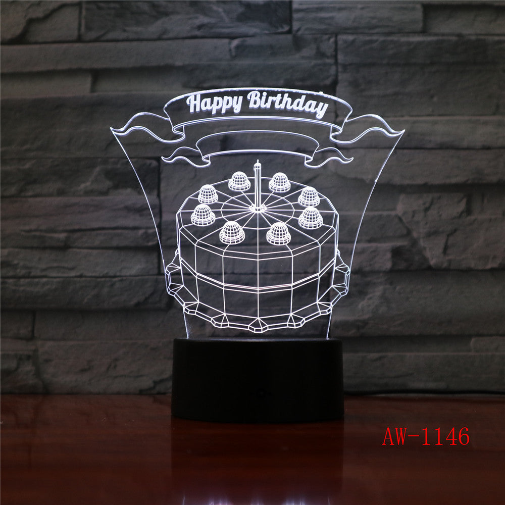 Happy Birthday Cake LED 3D Visual Lamp 7 Colors Changing Indoor Bedroom Night Light Acrylic Desk Lamp Love Present AW-1146