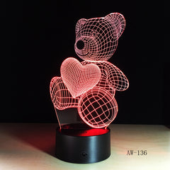 Cute Kid Gift USB Little Lovely Heart Bear 3D LED RGB Night Light Atmosphere Desk Table Lamp Girls Baby Bedroom Decor AW-136