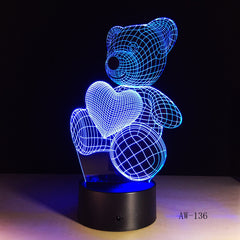 Cute Kid Gift USB Little Lovely Heart Bear 3D LED RGB Night Light Atmosphere Desk Table Lamp Girls Baby Bedroom Decor AW-136