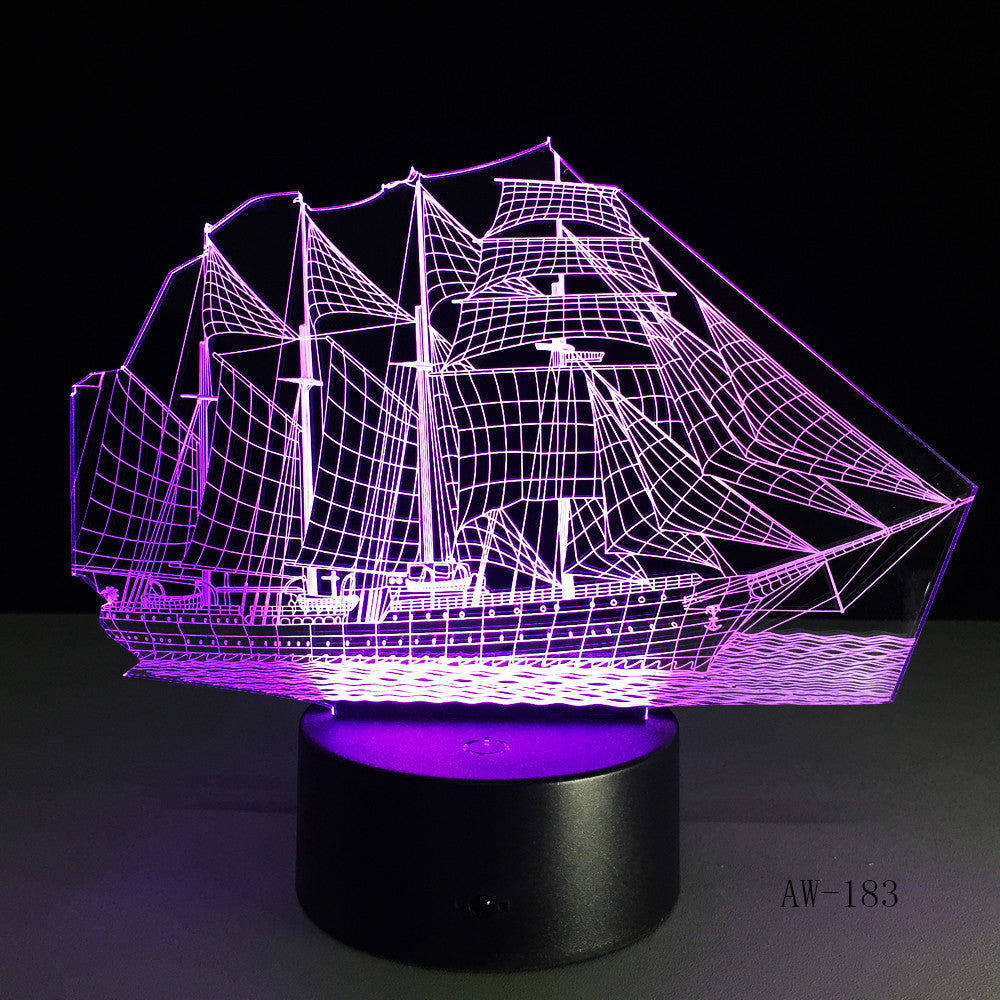 3D Retro Ancient Sailing Sea Boat Ship LED Lamp Chinese Style Multicolor Illusion RGB Night Light USB Table Desk Decor AW -183