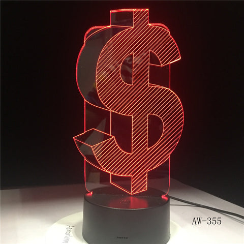 Novelty 3D Dollar Sign USD Home Decor Lamp Flash Party Atmosphere Luminarias Touch 7 Colors Change LED Illusion Light AW-355