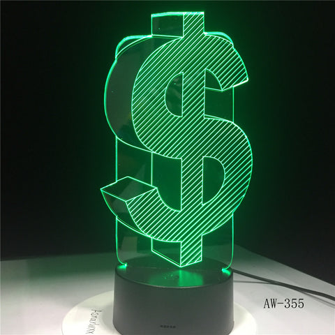 Novelty 3D Dollar Sign USD Home Decor Lamp Flash Party Atmosphere Luminarias Touch 7 Colors Change LED Illusion Light AW-355