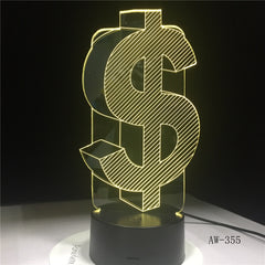 Novelty 3D Dollar Sign USD Home Decor Lamp Flash Party Atmosphere Luminarias Touch 7 Colors Change LED Illusion Light AW-355