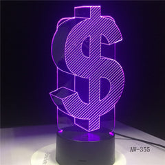 Novelty 3D Dollar Sign USD Home Decor Lamp Flash Party Atmosphere Luminarias Touch 7 Colors Change LED Illusion Light AW-355