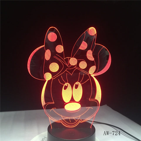 Cartoon Lovely Minnie Mouse Head Multicolor 3D RGB LED Night Light Mixed Dual Color Change Desk Lamp Christmas Kids Gift AW-724