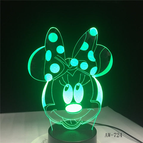 Cartoon Lovely Minnie Mouse Head Multicolor 3D RGB LED Night Light Mixed Dual Color Change Desk Lamp Christmas Kids Gift AW-724