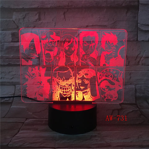 One Piece Team Night Light Luffy Sanji Zoro Nami 3D LED Illusion Table Lamp Colors Changing Luminaria Touch Lights Decor AW-731