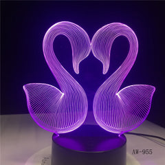 3D Sweet Double Kiss Swam Decoration Bedroom Atmosphere LED 7 Color Change Night Table Lamp Romantic Valentine's Day Gift AW-955