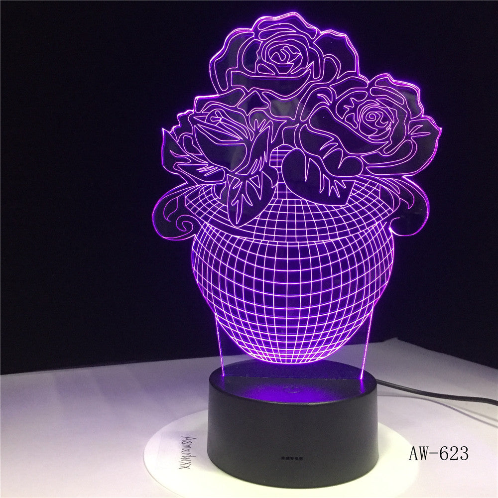 Romantic 3D LED Rose Flower 7 Color Change Illusion RGBW Mood DEC Home Base Table Night Light Kids Girlfriend Gift AW-623