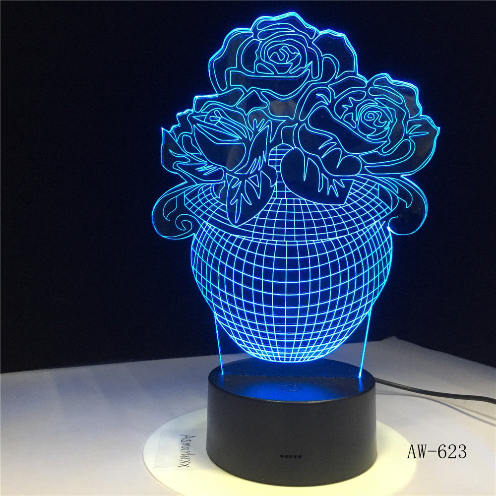 Romantic 3D LED Rose Flower 7 Color Change Illusion RGBW Mood DEC Home Base Table Night Light Kids Girlfriend Gift AW-623