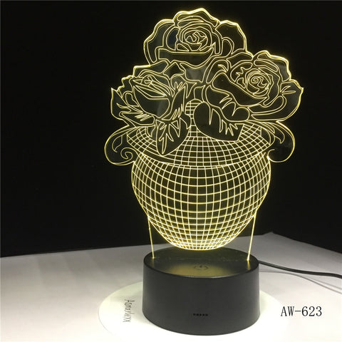 Romantic 3D LED Rose Flower 7 Color Change Illusion RGBW Mood DEC Home Base Table Night Light Kids Girlfriend Gift AW-623