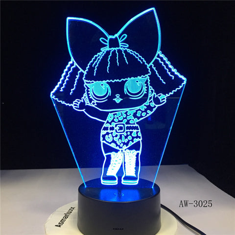 Little Girl 3D Led Kid Bedside Lighting Decor NightLight Cartoon Characters Gifts Table Lamp 7 Color Change Usb Light AW-3025